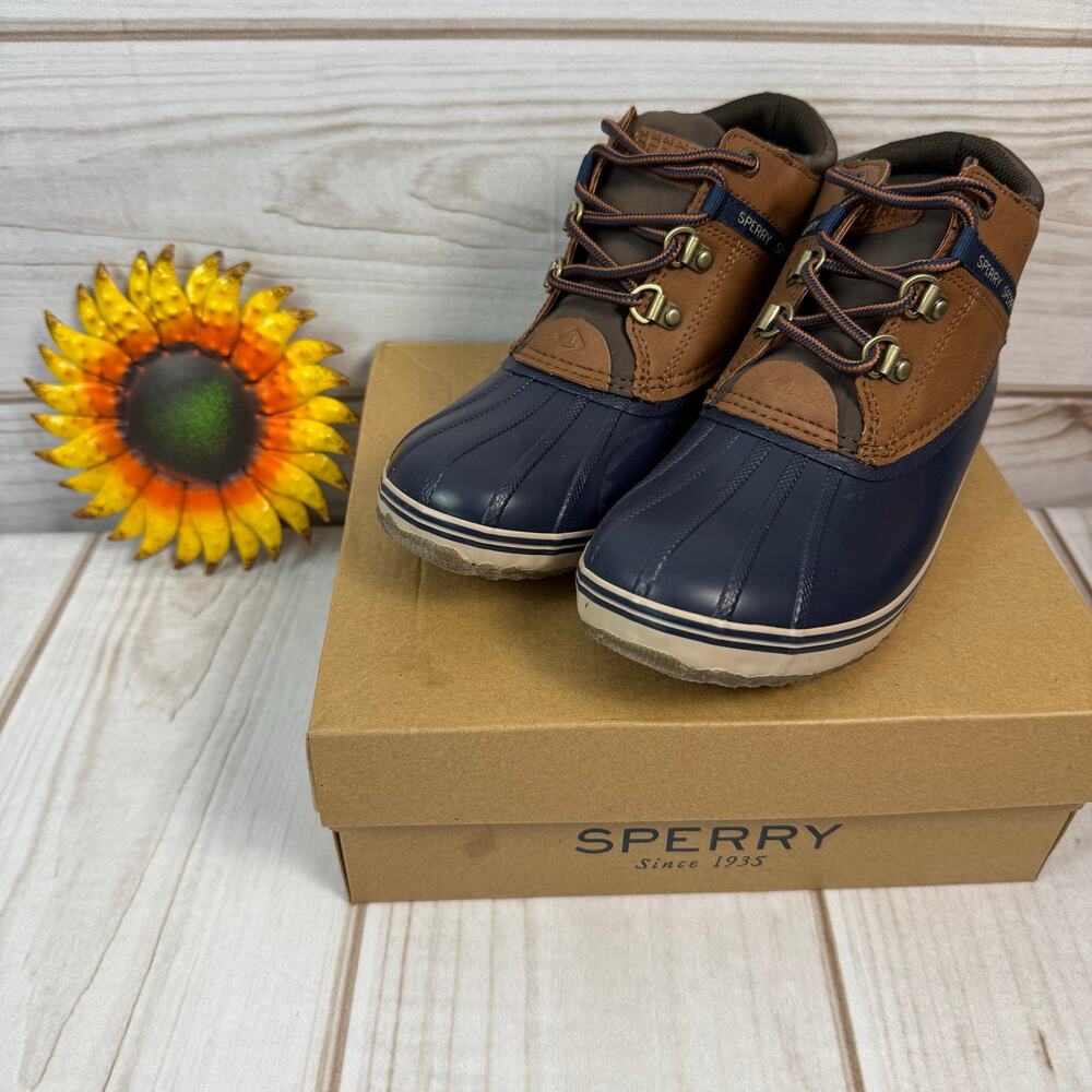 Kids Sperry Bowline Duck Boots Navy Tan Waterproof Lace Up Size 4 Youth